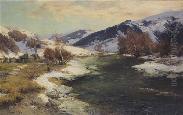 Schneeschmelze Im Engadin - Vorfruhling Oil Painting by Jacques Matthias Schenker