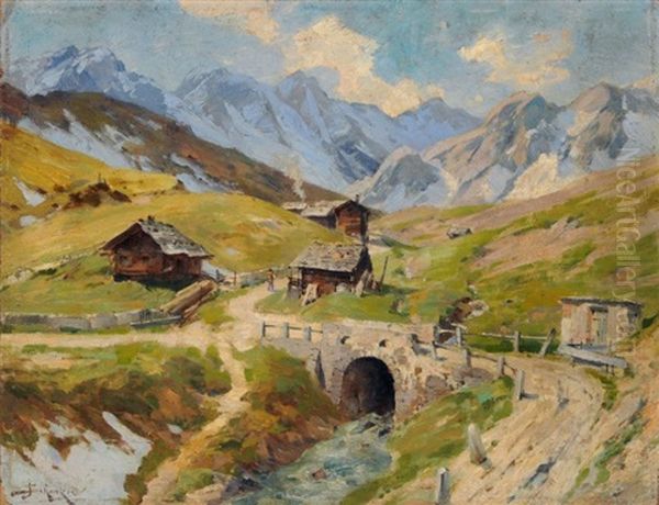 Alpenpanorama Mit Berghutten Oil Painting by Jacques Matthias Schenker