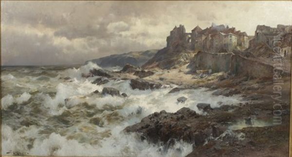 Medieval City On Stormy Coast Oil Painting by Jacques Matthias Schenker