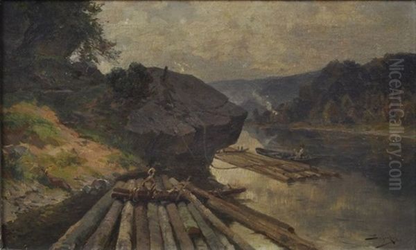 Floser An Der Elbe (bei Meissen?) Oil Painting by Jacques Matthias Schenker