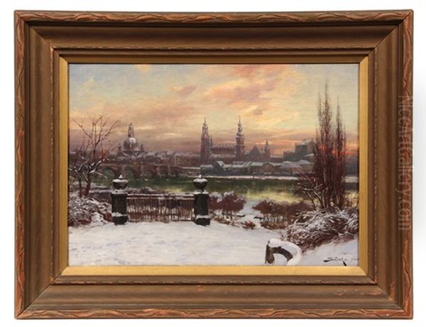 Dresden, Elba River In Winter Oil Painting by Jacques Matthias Schenker