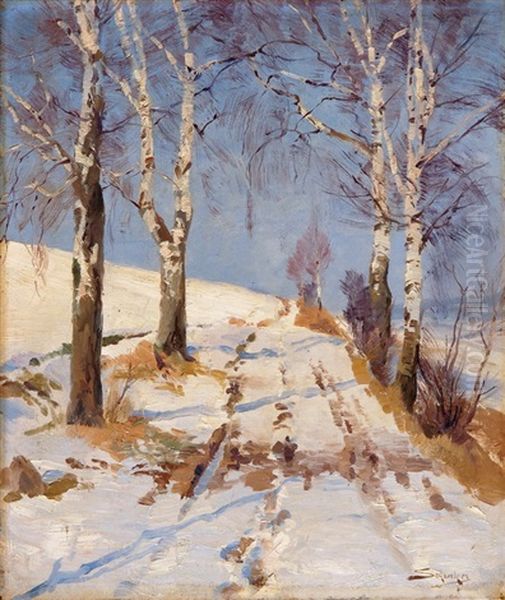 Winterliche Landschaft Mit Birken Oil Painting by Jacques Matthias Schenker