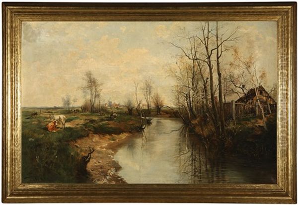 Cows And Figures Along A River In A European Landscape Oil Painting by Jacques Matthias Schenker