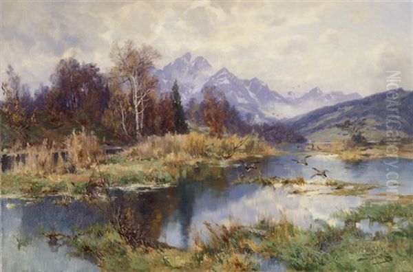 Bergsee Mit Enten Oil Painting by Jacques Matthias Schenker