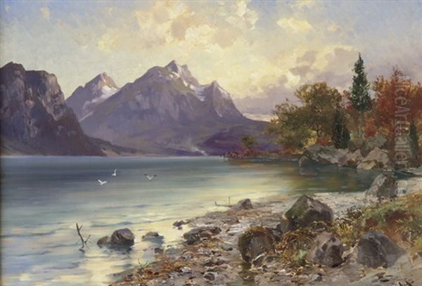 Bergsee Oil Painting by Jacques Matthias Schenker