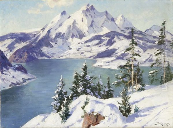 Wintertag Auf Der Rigi Mit Blick Auf Pilatus Oil Painting by Jacques Matthias Schenker