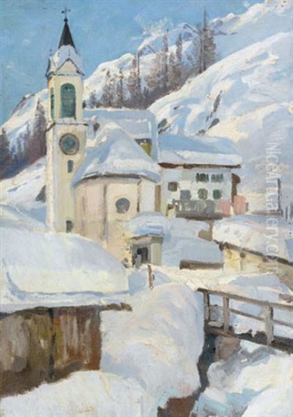 Kirche San Rochus Champfer Im Schnee Oil Painting by Jacques Matthias Schenker