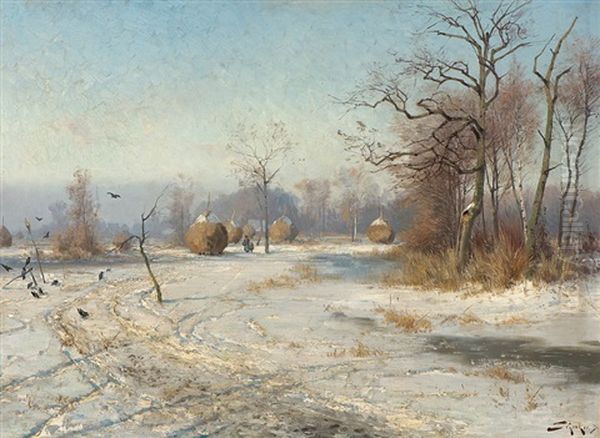 Winter At The Spreewald Oil Painting by Jacques Matthias Schenker