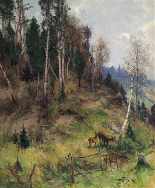 Waldstuck Mit Rehen Oil Painting by Jacques Matthias Schenker