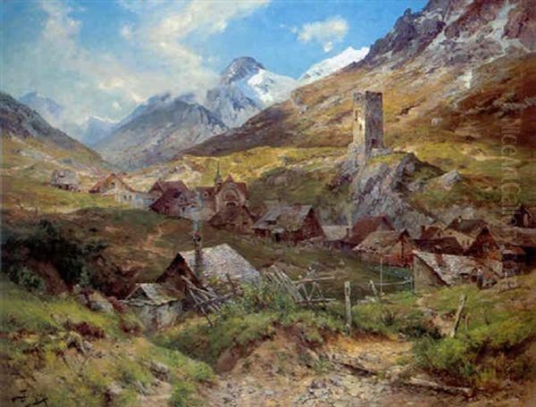 Blick Auf Hospental (kanton Uri) Mit Ruine Oil Painting by Jacques Matthias Schenker