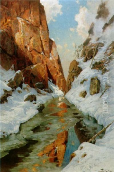 Winterlicher Bergbach In Felsiger Schlucht Oil Painting by Jacques Matthias Schenker