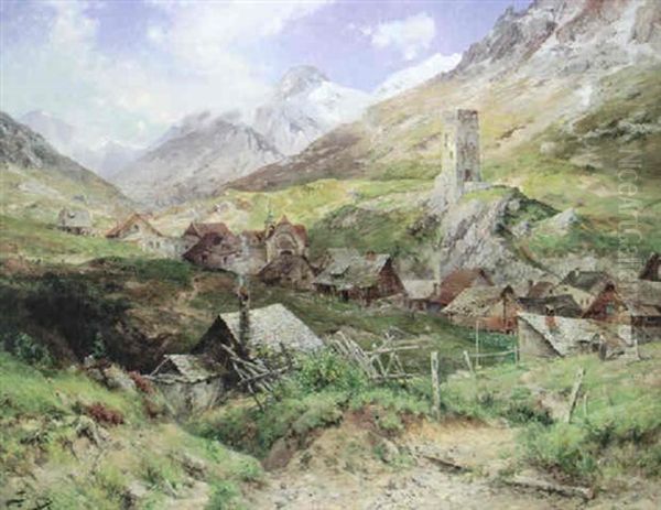 Blick Auf Hospenthal (kanton Uri) Mit Langobardischer Burgruine Oil Painting by Jacques Matthias Schenker