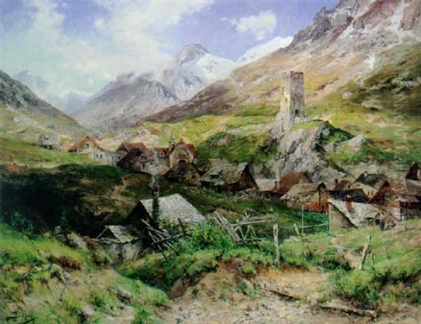 Malerisches Kirchdorf Mit Burgruine In Den Schweizer Bergen Oil Painting by Jacques Matthias Schenker