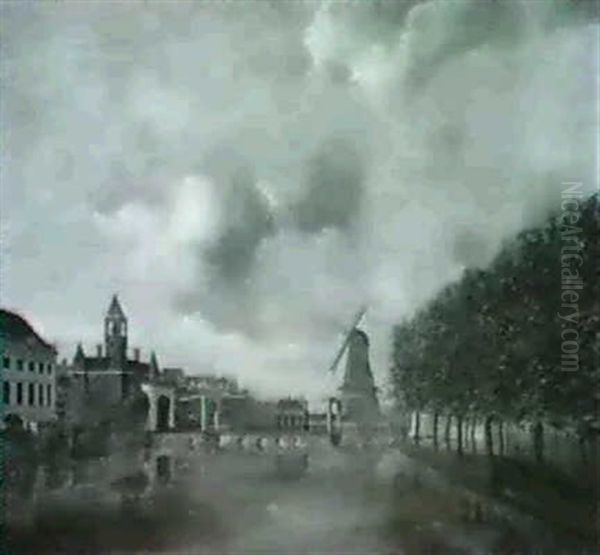 A View In Amsterdam With The Singelgracht Looking Towards   The Roode Molen On The Schinklthe Leidse Poort Towards...... Oil Painting by J. Schepens