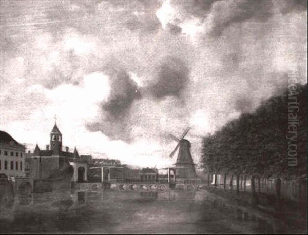 A View In Amsterdam With The Singelgracht Looking Towards The Roode Molen Oil Painting by J. Schepens