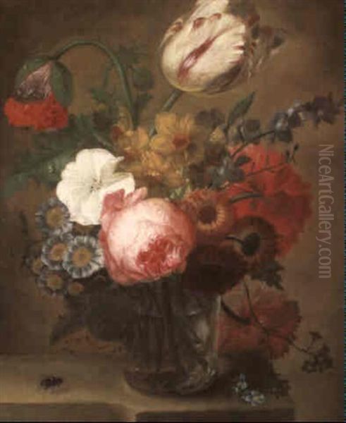 Still Lifes Of Flowers In A Glass Vase: A Pair Of Paintings Oil Painting by J. Schepens