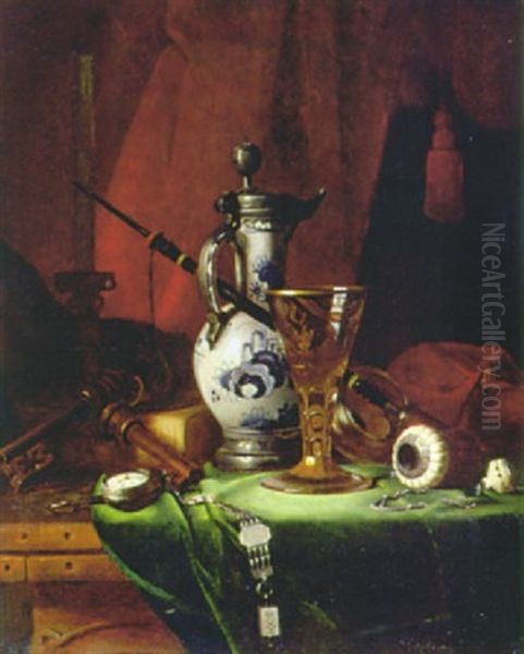 Stilleben Mit Fayencekanne, Fussglas, Taschenuhr Und Pfeife Oil Painting by Auguste Schepp