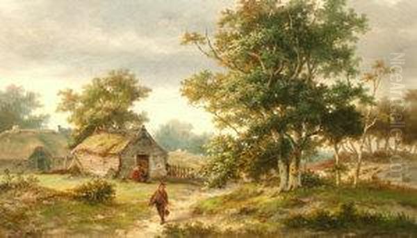 Figures By Cottages In A Woodland Clearing Oil Painting by Charles Bousquet