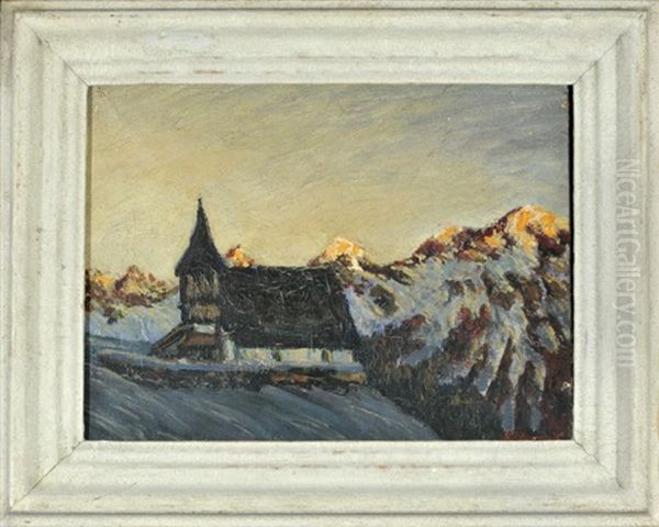 Kapelle Im Verschneiten Gebirge Bei Dammerung by Fritz Scherer