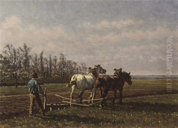 A Ploughing Farmer Oil Painting by Cornelis Albert Johannes Schermer