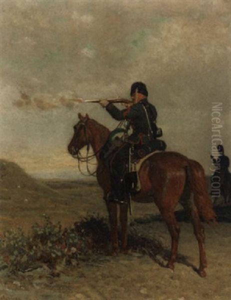 Huzaar In Action Oil Painting by Cornelis Albert Johannes Schermer