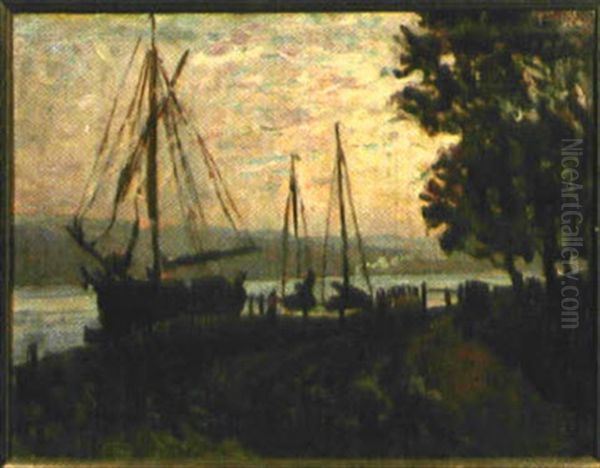 Uferlandschaft Mit Segelbooten Oil Painting by Alfred Scherres