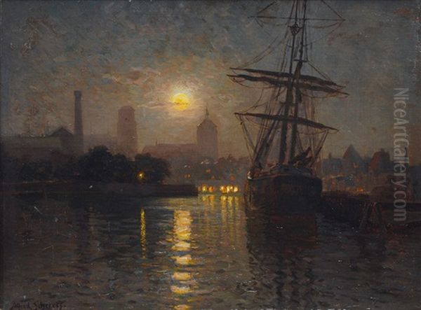 The Harbour Of Danzig At The Full Moon Oil Painting by Alfred Scherres