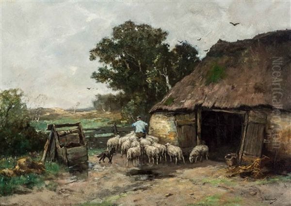 Letting The Sheep In The Meadow Oil Painting by Johan Frederik Cornelis Scherrewitz