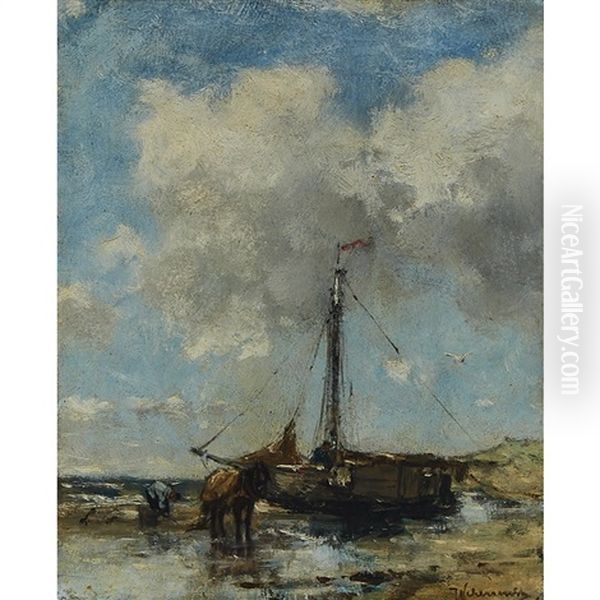 Fishing Boat At Low Tide Oil Painting by Johan Frederik Cornelis Scherrewitz