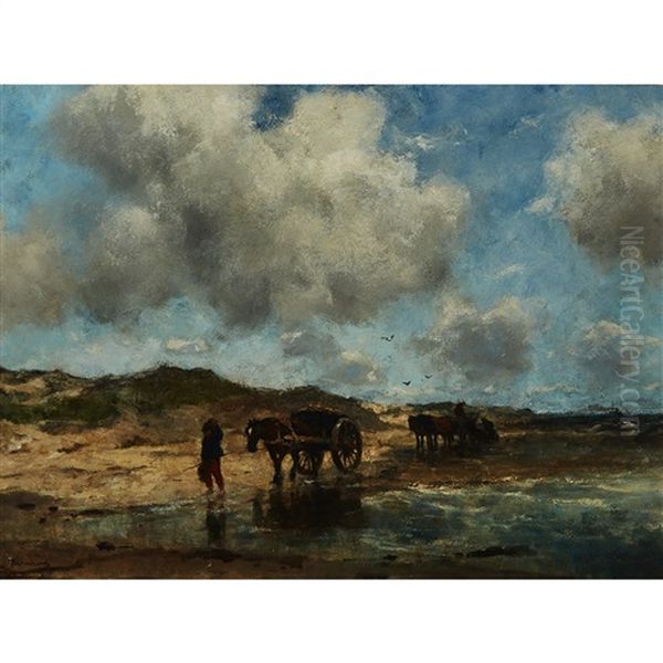 Driving Horse Drawn Wagons On A Beach Oil Painting by Johan Frederik Cornelis Scherrewitz