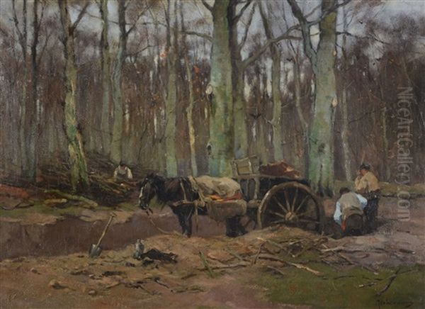 Horse And Cart In A Wood With Men At Work Oil Painting by Johan Frederik Cornelis Scherrewitz