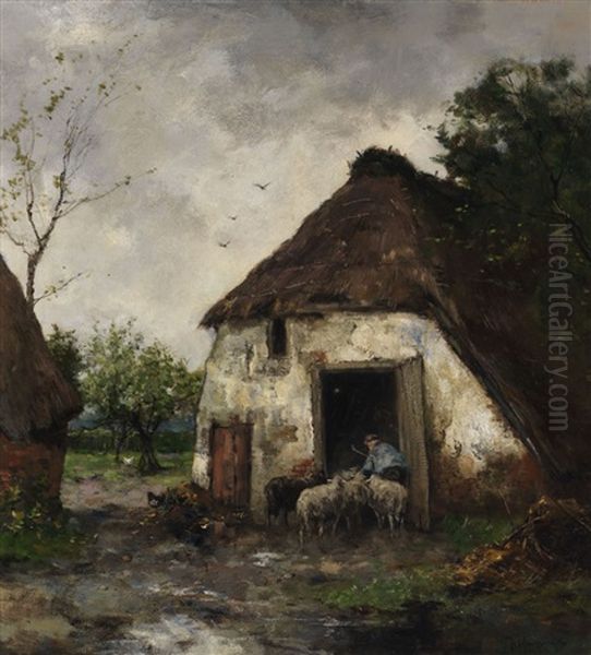 Dutch Farmyard Oil Painting by Johan Frederik Cornelis Scherrewitz