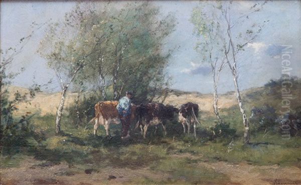 Farmer With Cows In Dune Landscape Oil Painting by Johan Frederik Cornelis Scherrewitz