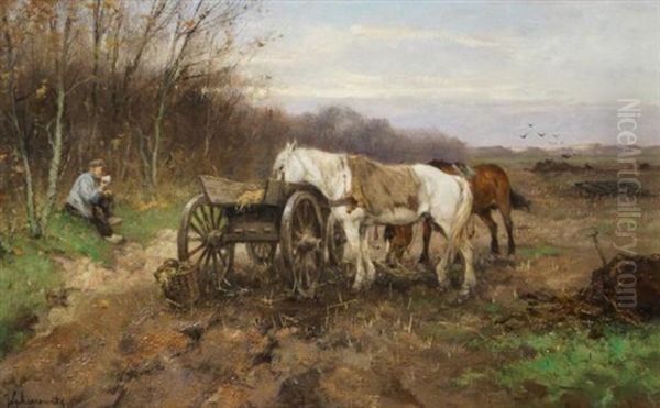 Man Met Houten Kar En Twee Paarden Oil Painting by Johan Frederik Cornelis Scherrewitz