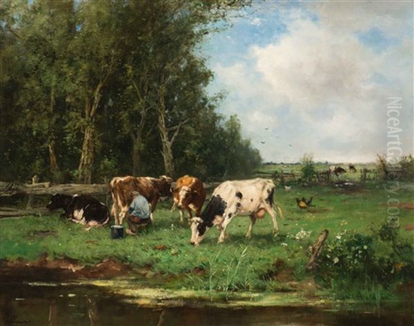 Milking Time Oil Painting by Johan Frederik Cornelis Scherrewitz