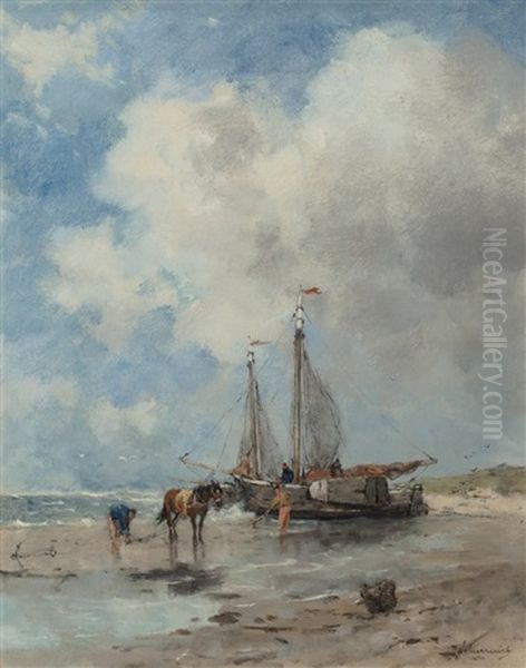 Vissers Met Bomschuit Op Het Strand by Johan Frederik Cornelis Scherrewitz