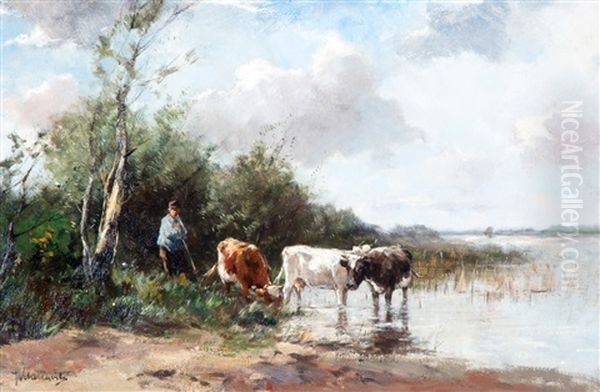 Koeien Aan De Waterkant Oil Painting by Johan Frederik Cornelis Scherrewitz