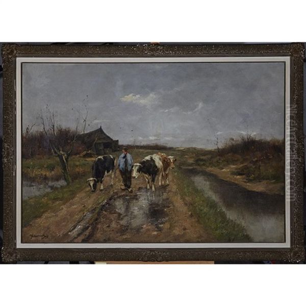 Farmer Leaving The Outbuilding With His Three Cows Oil Painting by Johan Frederik Cornelis Scherrewitz