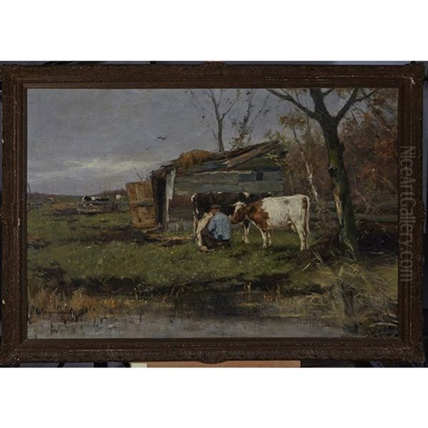 Farmer Milking Cows By An Outbuilding Oil Painting by Johan Frederik Cornelis Scherrewitz