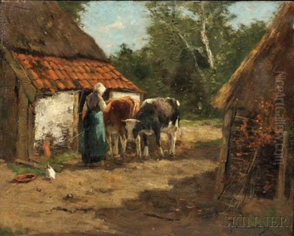 Barnyard With Milkmaid And Cows Oil Painting by Johan Frederik Cornelis Scherrewitz