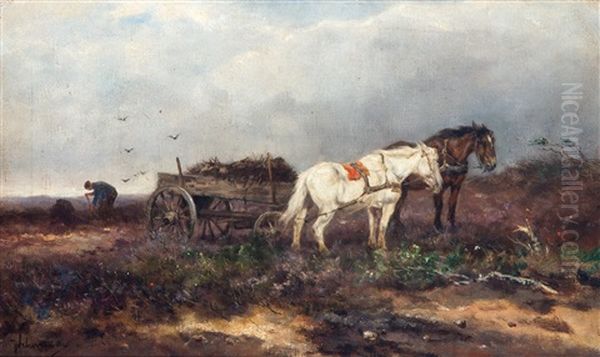 Landschap Met Boerenkar Getrokken Door Twee Paarden Oil Painting by Johan Frederik Cornelis Scherrewitz