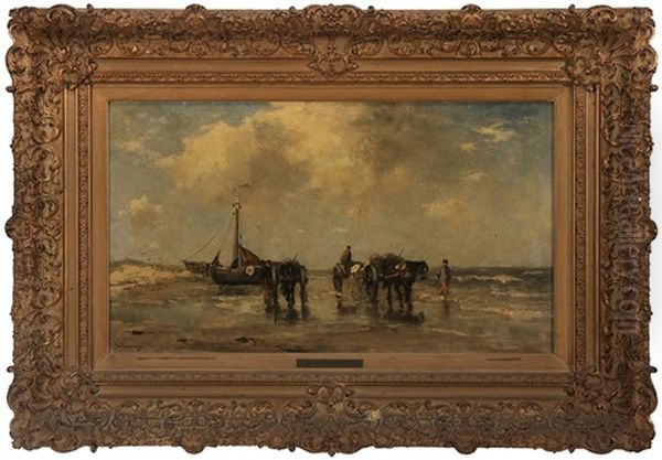 Unloading The Boats At Schevinengen Beach Oil Painting by Johan Frederik Cornelis Scherrewitz