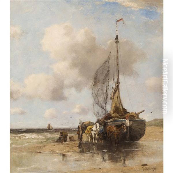 Unloading On The Shore Schveningen Oil Painting by Johan Frederik Cornelis Scherrewitz