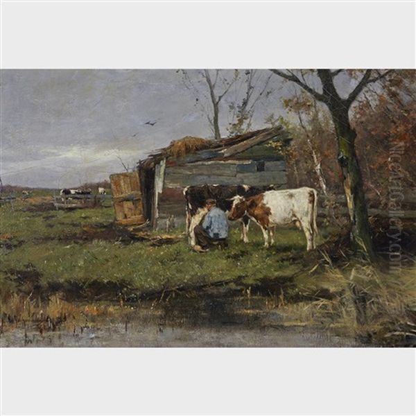 Farmer Milking His Three Cows By An Outbuilding Oil Painting by Johan Frederik Cornelis Scherrewitz