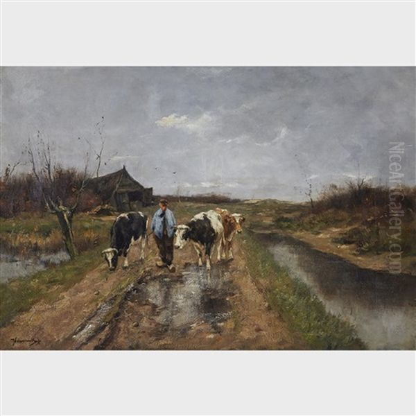 Farmer Leaving The Outbuilding With His Three Cows Oil Painting by Johan Frederik Cornelis Scherrewitz