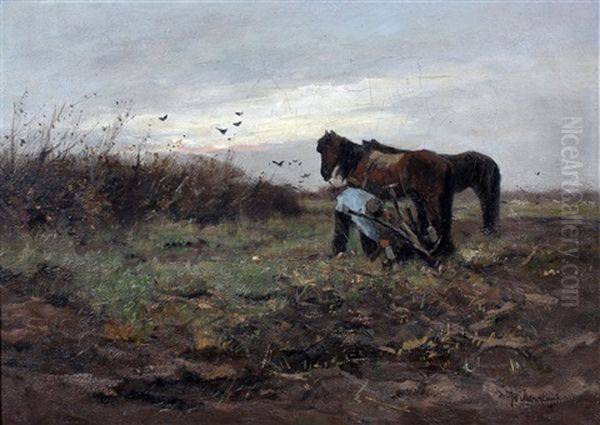 Boer Met Paarden Op Het Land Oil Painting by Johan Frederik Cornelis Scherrewitz