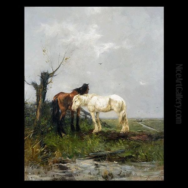 Untitled - Two Horses In A Pasture Oil Painting by Johan Frederik Cornelis Scherrewitz