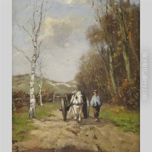 Farmer Leading A Horse Drawn Wagon Oil Painting by Johan Frederik Cornelis Scherrewitz