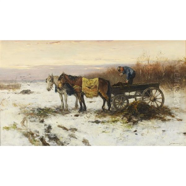 Unloading Peat In The Snow Oil Painting by Johan Frederik Cornelis Scherrewitz