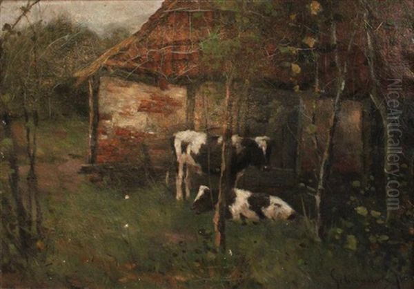 Cows By A Farmhouse Oil Painting by Johan Frederik Cornelis Scherrewitz